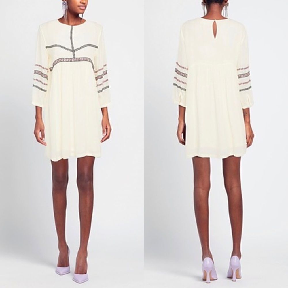 Ba&Sh Colombe Embroidered Boho Mini White Shift Dress Long Sleeve Size M